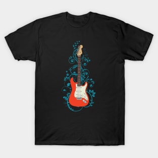 Red S-Style Electric Guitar Flowering Vines T-Shirt